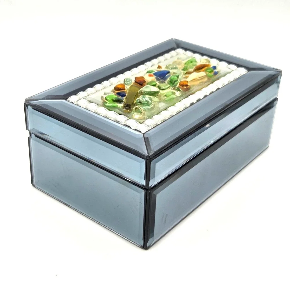 Vintage Mirrored Hinged Jewelry Box Beveled Edges with Mosaic Mixed Glass Pieces